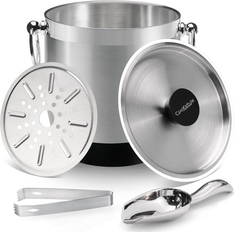 Cookstyle Double-Wall Stainless Steel Insulated Ice Bucket With Lid & Ice Tong [3 Liter] Included Strainer Keeps Ice Cold & Dry, Home Bar, Chilling Beer, Champagne, Wine Bottle - Image 1